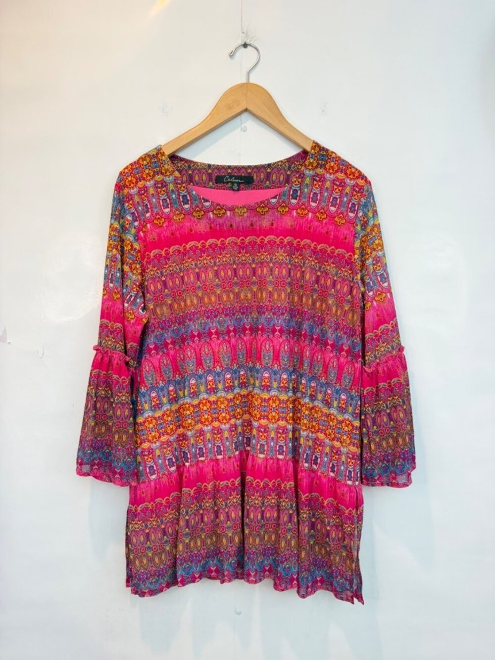 Calessa Women's Pink Boho Printed Tunic Top Multicolored Bell Sleeves Size XL